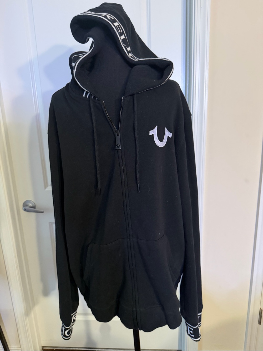 True Religion Black Zip-Up Hoodie with White Logo Trim